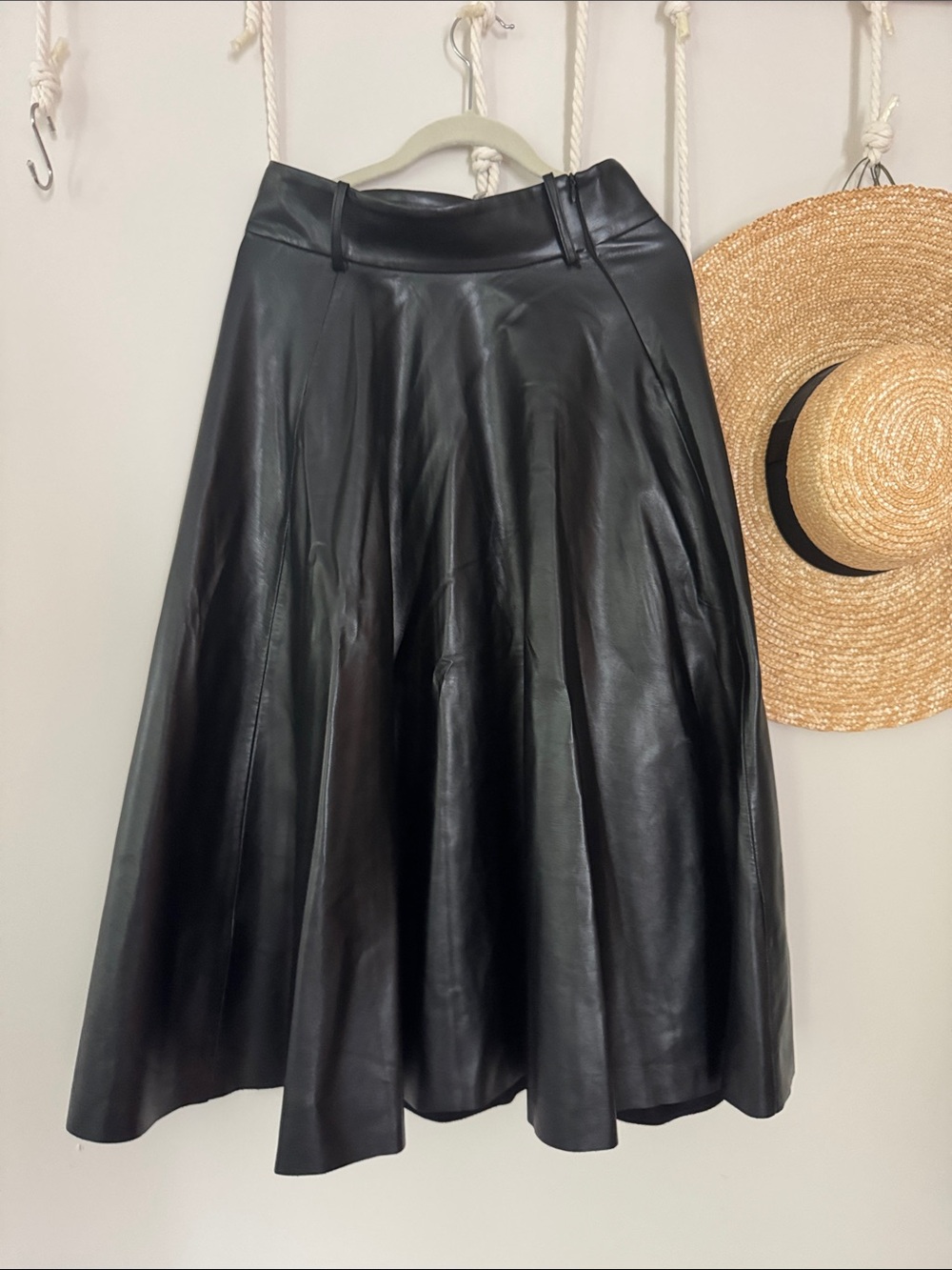 Zara Black Faux Leather A-Line Midi Skirt